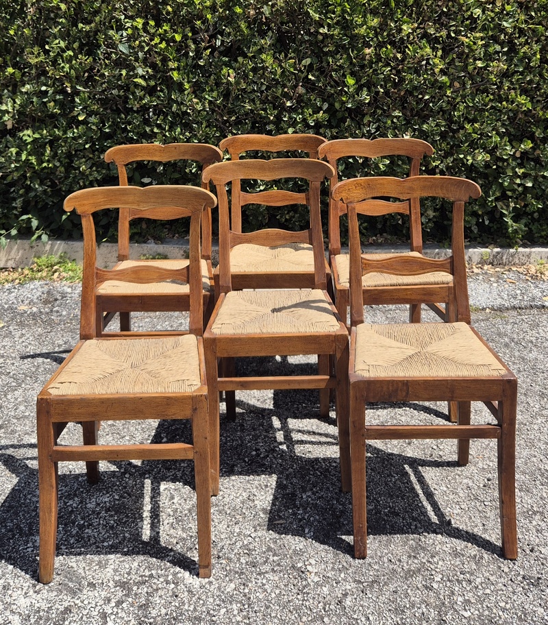6 sedie vintage con seduta in corda e scheletro in legno.