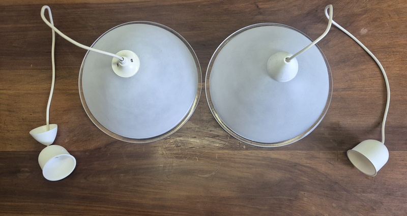 Coppia di lampadari in vetro satinato con bordo trasparente.